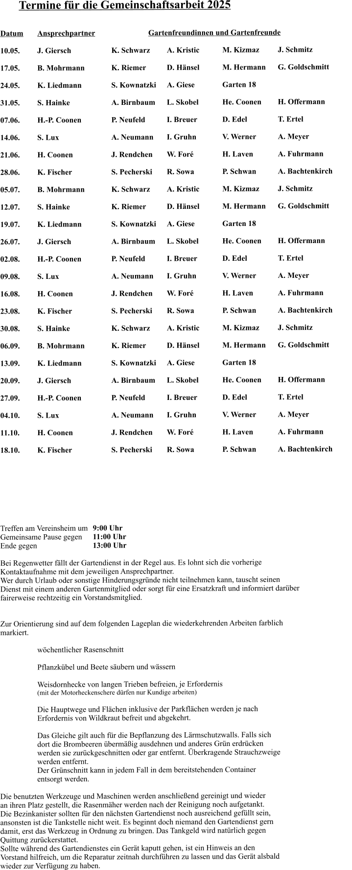 Termine für die Gemeinschaftsarbeit 2025   Datum	Ansprechpartner			Gartenfreundinnen und Gartenfreunde  10.05.	J. Giersch			K. Schwarz	A. Kristic		M. Kizmaz		J. Schmitz  17.05.	B. Mohrmann		K. Riemer		D. Hänsel		M. Hermann	G. Goldschmitt  24.05.	K. Liedmann		S. Kownatzki	A. Giese		Garten 18  31.05.	S. Hainke			A. Birnbaum	L. Skobel		He. Coonen	H. Offermann  07.06.	H.-P. Coonen		P. Neufeld		I. Breuer		D. Edel		T. Ertel  14.06.	S. Lux			A. Neumann	I. Gruhn		V. Werner		A. Meyer		  21.06.	H. Coonen			J. Rendchen	W. Foré		H. Laven		A. Fuhrmann		  28.06.	K. Fischer			S. Pecherski	R. Sowa		P. Schwan		A. Bachtenkirch	  05.07.	B. Mohrmann		K. Schwarz	A. Kristic		M. Kizmaz		J. Schmitz  12.07.	S. Hainke			K. Riemer		D. Hänsel		M. Hermann	G. Goldschmitt  19.07.	K. Liedmann		S. Kownatzki	A. Giese		Garten 18  26.07.	J. Giersch			A. Birnbaum	L. Skobel		He. Coonen	H. Offermann  02.08.	H.-P. Coonen		P. Neufeld		I. Breuer		D. Edel		T. Ertel  09.08.	S. Lux			A. Neumann	I. Gruhn		V. Werner		A. Meyer		  16.08.	H. Coonen			J. Rendchen	W. Foré		H. Laven		A. Fuhrmann  23.08.	K. Fischer			S. Pecherski	R. Sowa		P. Schwan		A. Bachtenkirch  30.08.	S. Hainke			K. Schwarz	A. Kristic		M. Kizmaz		J. Schmitz  06.09.	B. Mohrmann		K. Riemer		D. Hänsel		M. Hermann	G. Goldschmitt  13.09.	K. Liedmann		S. Kownatzki	A. Giese		Garten 18  20.09.	J. Giersch			A. Birnbaum	L. Skobel		He. Coonen	H. Offermann  27.09.	H.-P. Coonen		P. Neufeld		I. Breuer		D. Edel		T. Ertel  04.10.	S. Lux			A. Neumann	I. Gruhn		V. Werner		A. Meyer  11.10.	H. Coonen			J. Rendchen	W. Foré		H. Laven		A. Fuhrmann  18.10.	K. Fischer			S. Pecherski	R. Sowa		P. Schwan		A. Bachtenkirch         Treffen am Vereinsheim um 	9:00 Uhr Gemeinsame Pause gegen 	11:00 Uhr Ende gegen 			13:00 Uhr  Bei Regenwetter fällt der Gartendienst in der Regel aus. Es lohnt sich die vorherige Kontaktaufnahme mit dem jeweiligen Ansprechpartner. Wer durch Urlaub oder sonstige Hinderungsgründe nicht teilnehmen kann, tauscht seinen Dienst mit einem anderen Gartenmitglied oder sorgt für eine Ersatzkraft und informiert darüber fairerweise rechtzeitig ein Vorstandsmitglied.   Zur Orientierung sind auf dem folgenden Lageplan die wiederkehrenden Arbeiten farblich markiert.  wöchentlicher Rasenschnitt  Pflanzkübel und Beete säubern und wässern  Weisdornhecke von langen Trieben befreien, je Erfordernis (mit der Motorheckenschere dürfen nur Kundige arbeiten)  Die Hauptwege und Flächen inklusive der Parkflächen werden je nach  Erfordernis von Wildkraut befreit und abgekehrt.   Das Gleiche gilt auch für die Bepflanzung des Lärmschutzwalls. Falls sich dort die Brombeeren übermäßig ausdehnen und anderes Grün erdrücken werden sie zurückgeschnitten oder gar entfernt. Überkragende Strauchzweige werden entfernt. Der Grünschnitt kann in jedem Fall in dem bereitstehenden Container entsorgt werden.  Die benutzten Werkzeuge und Maschinen werden anschließend gereinigt und wieder an ihren Platz gestellt, die Rasenmäher werden nach der Reinigung noch aufgetankt. Die Bezinkanister sollten für den nächsten Gartendienst noch ausreichend gefüllt sein, ansonsten ist die Tankstelle nicht weit. Es beginnt doch niemand den Gartendienst gern damit, erst das Werkzeug in Ordnung zu bringen. Das Tankgeld wird natürlich gegen Quittung zurückerstattet.  Sollte während des Gartendienstes ein Gerät kaputt gehen, ist ein Hinweis an den Vorstand hilfreich, um die Reparatur zeitnah durchführen zu lassen und das Gerät alsbald wieder zur Verfügung zu haben.